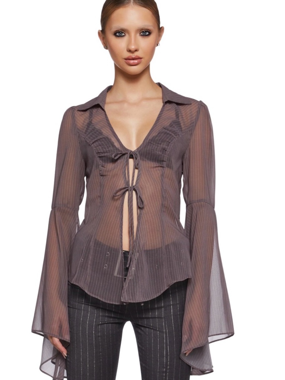 Sugar Thrillz Sheer Tie-Front Bell Sleeve Blouse
